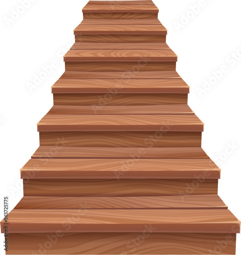 Wooden stairs, isolated cartoon vector wood staircase. Ladder architectural element crafted from natural timber in suburban cottage or house, connecting different levels within a building structure