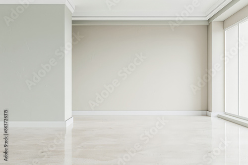 Empty room in a luxury property in neutral tones with natural lighting and no furniture. Interiors composition with copy space for advertising.