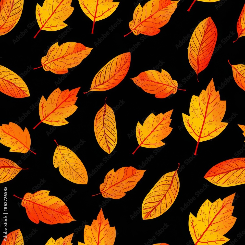 Seamless autumn leaves pattern. Orange fall foliage on black background. Design for fabric, textile, wrapping paper, packaging. Seamless autumn leaves pattern. Orange fall foliage on black background. Design for fabric, textile, wrapping paper, packaging.