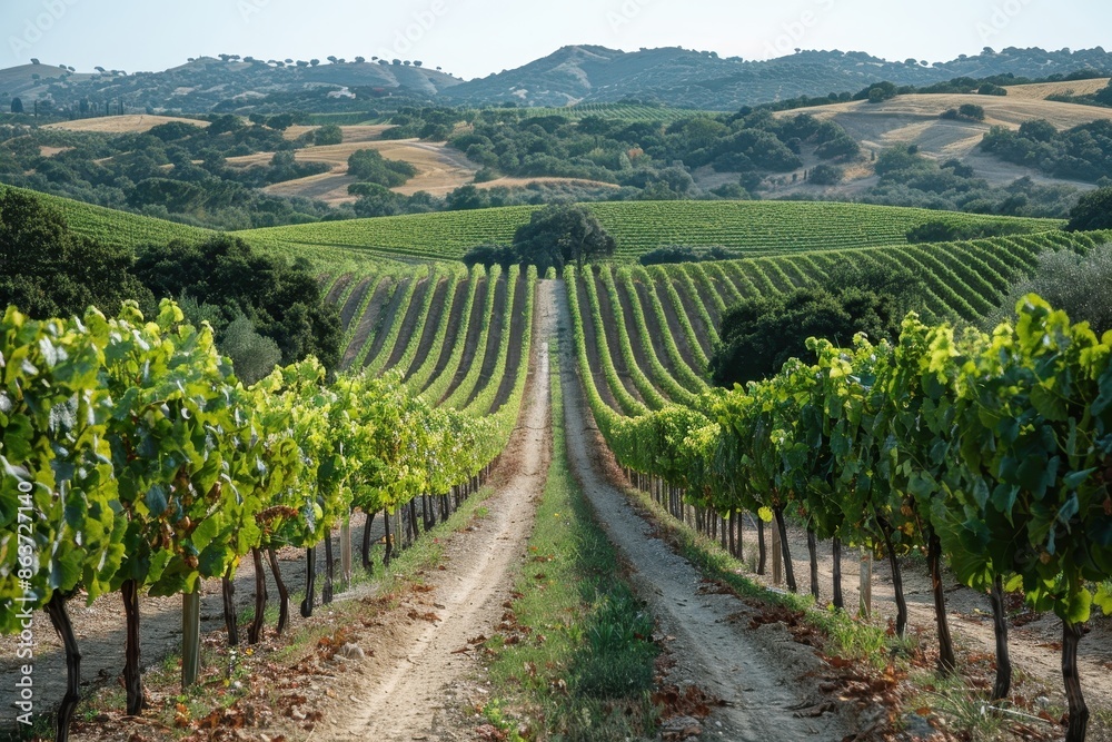 Fototapeta premium A picturesque vineyard with rows of grapevines stretching into the distance, under a clear blue sky.