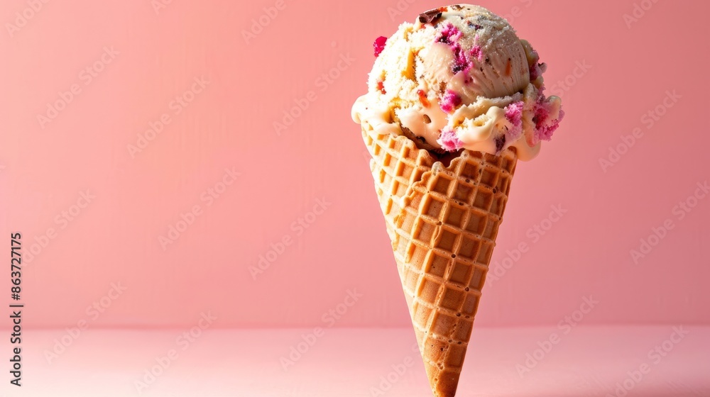 An ice cream cone, a delicious looking ice cream scoop, with toppings, against a flat solid color continuous matte background An ice cream cone, a delicious looking ice cream scoop, with toppings, against a flat solid color continuous matte background