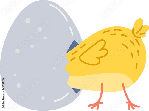 Cartoon chick character hatching from the egg. Isolated vector darling, newborn chickling baby bird personage playfully emerges from a cracked eggshell, featuring heartwarming scene of new life born