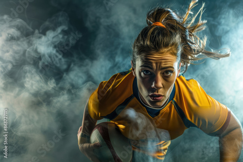 Abstract Rugby female player in mid-play, powerful and determined, captured with dynamic motion and photographic realism.