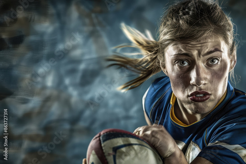 Abstract Rugby female player in mid-play, powerful and determined, captured with dynamic motion and photographic realism. photo