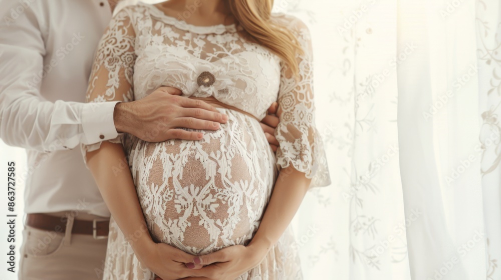 husband and wife embrace belly of pregnant wife in front view close up background illustration generated by ai husband and wife embrace belly of pregnant wife in front view close up background illustration generated by ai