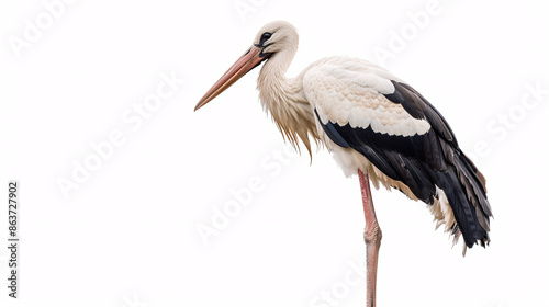 Close up of a stork on a branch isolated on white background