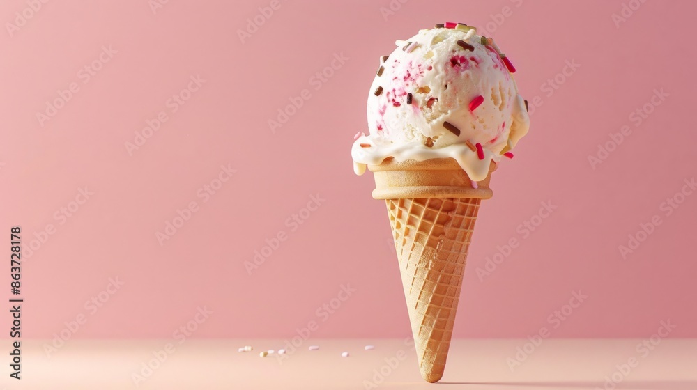 An ice cream cone, a delicious looking ice cream scoop, with toppings, against a flat solid color continuous matte background An ice cream cone, a delicious looking ice cream scoop, with toppings, against a flat solid color continuous matte background