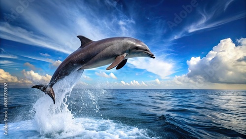 Dolphin jumping out of the sea in a graceful arc, dolphin, ocean, sea, jump, leap, water, marine life, aquatic, summer © joompon