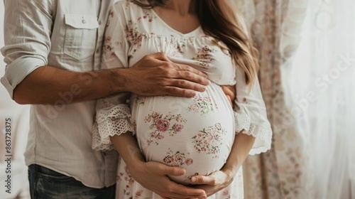 husband and wife embrace belly of pregnant wife in front view close up background illustration generated by ai