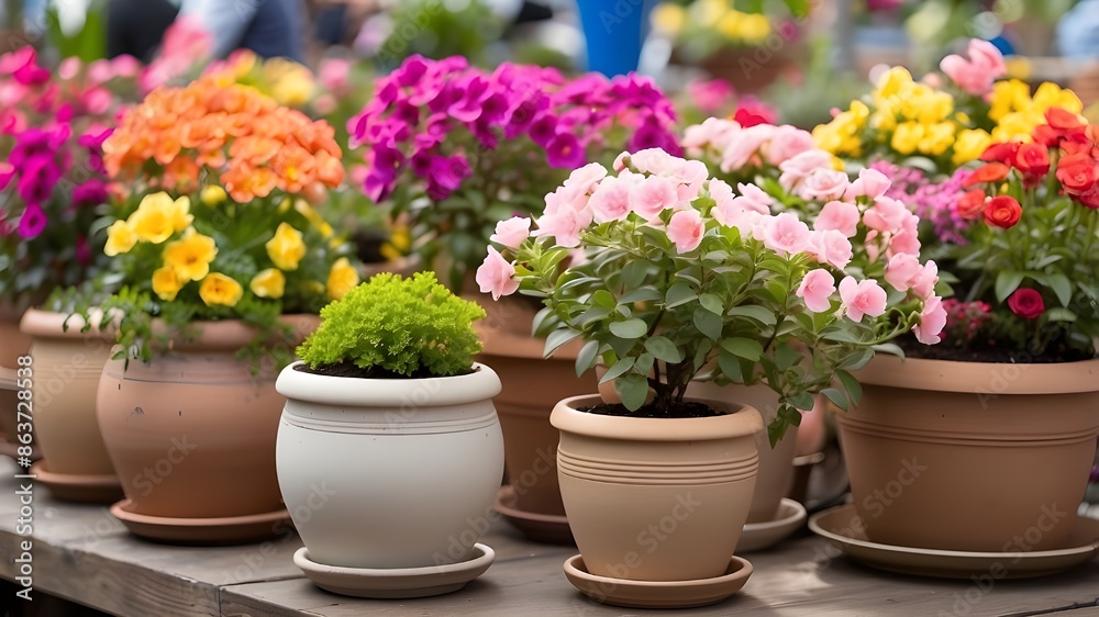 Fototapeta premium Bright springtime blooms in pots at the fair enhancing