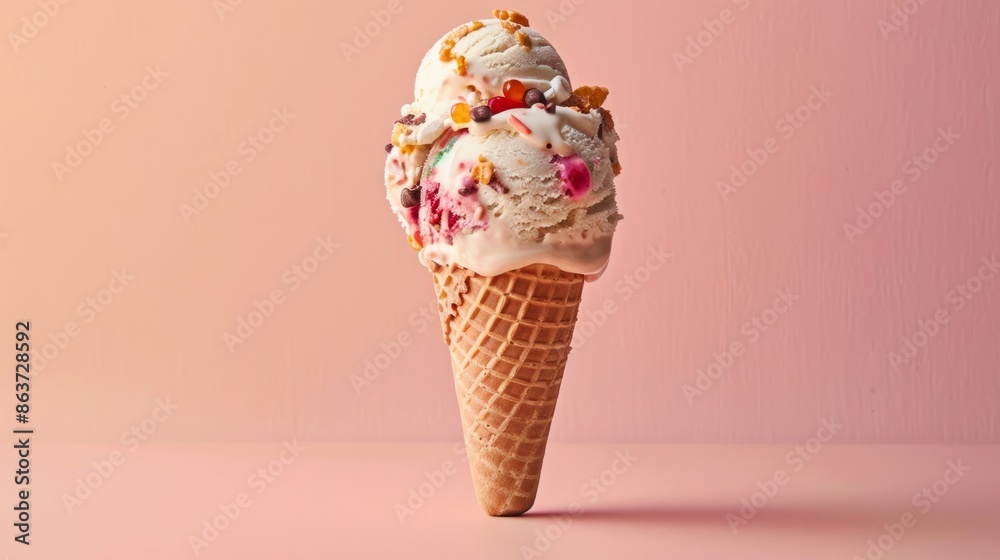 An ice cream cone, a delicious looking ice cream scoop, with toppings, against a flat solid color continuous matte background An ice cream cone, a delicious looking ice cream scoop, with toppings, against a flat solid color continuous matte background