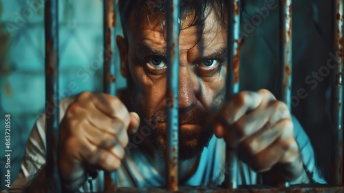 A man in a prison cell stares out