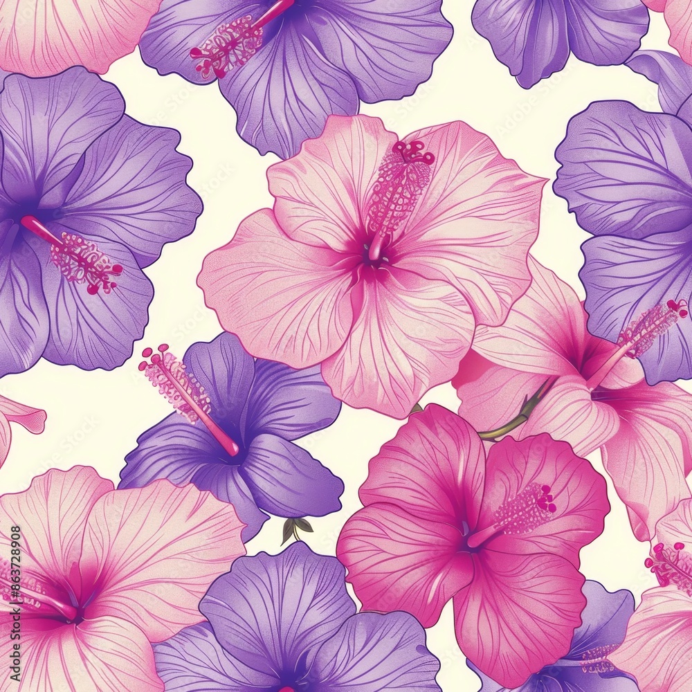 Seamless pattern with colorful Hibiscus flowers on white background. Floral pattern for fabric, wallpaper, wrapping, scrapbooking, etc. Tropical, exotic, summer floral design. Seamless pattern with colorful Hibiscus flowers on white background. Floral pattern for fabric, wallpaper, wrapping, scrapbooking, etc. Tropical, exotic, summer floral design.