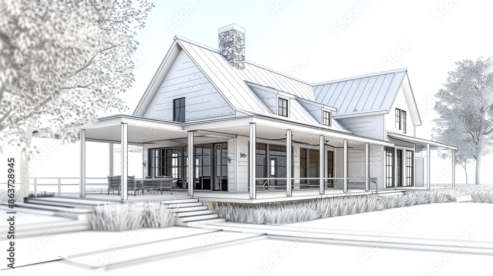A 3D model of a modern farmhouse with a blend of traditional and contemporary design elements, large porches, and an open kitchen. A 3D model of a modern farmhouse with a blend of traditional and contemporary design elements, large porches, and an open kitchen.