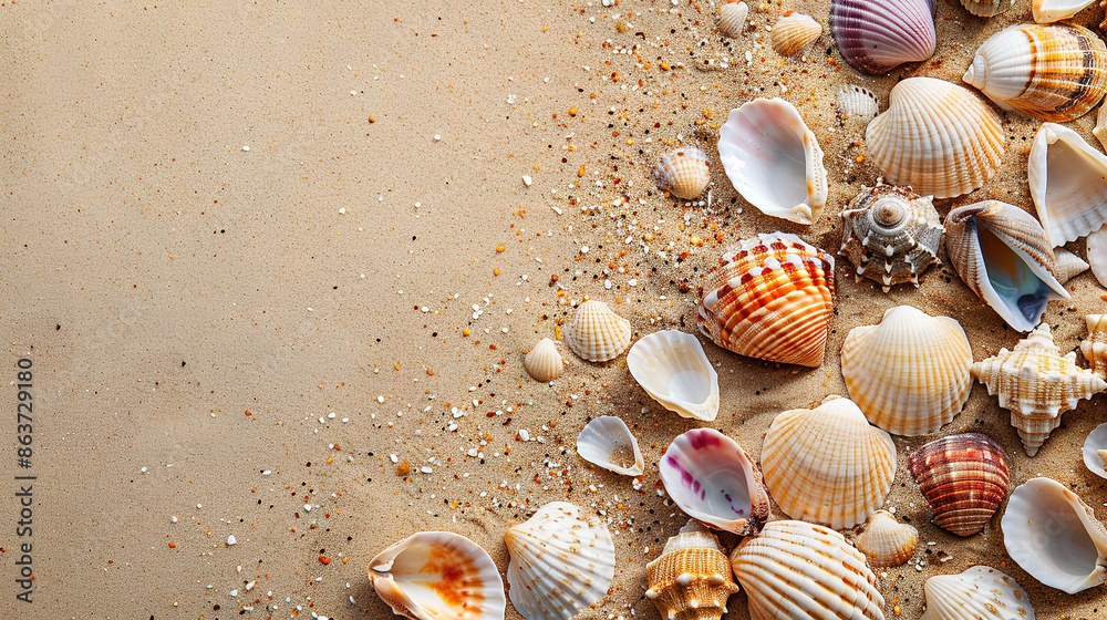 variety of colorful seashells scattered across the sandy beach copy space variety of colorful seashells scattered across the sandy beach copy space