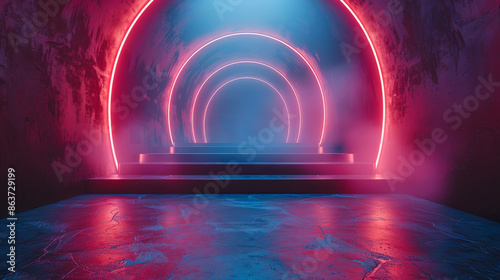 Red neon lights creating a tunnel effect illuminating a concrete stage photo