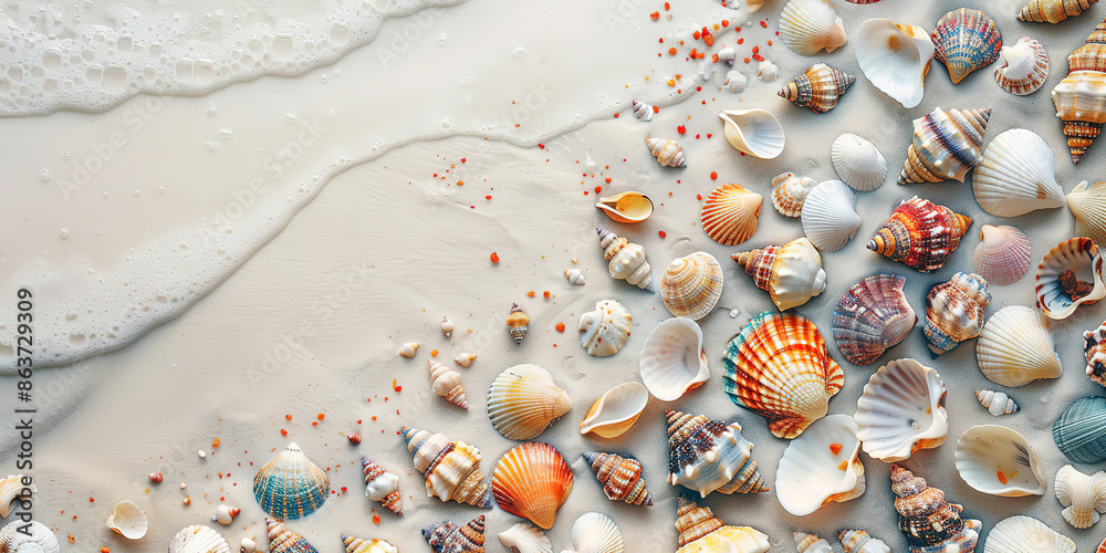 Fototapeta premium variety of colorful seashells scattered across the sandy beach copy space