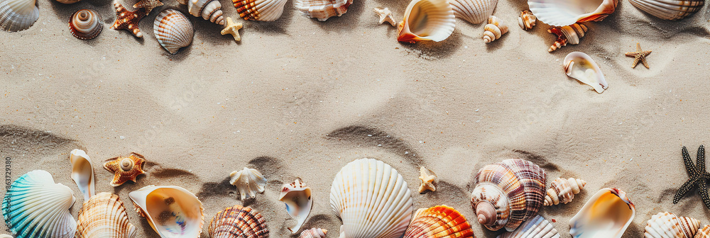 Fototapeta premium variety of colorful seashells scattered across the sandy beach copy space