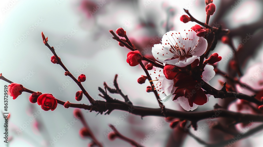 delicate cherry blossoms in full bloom on dark branches with red buds and petals against a soft background
delicate cherry blossoms in full bloom on dark branches with red buds and petals against a soft background