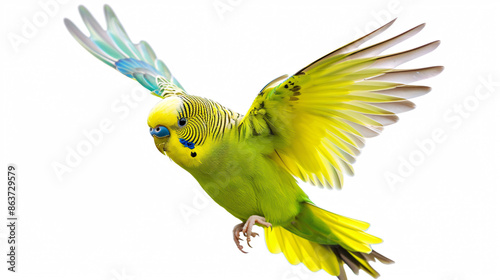Yellow Budgerigar isolated on white background. Parrot in flight.