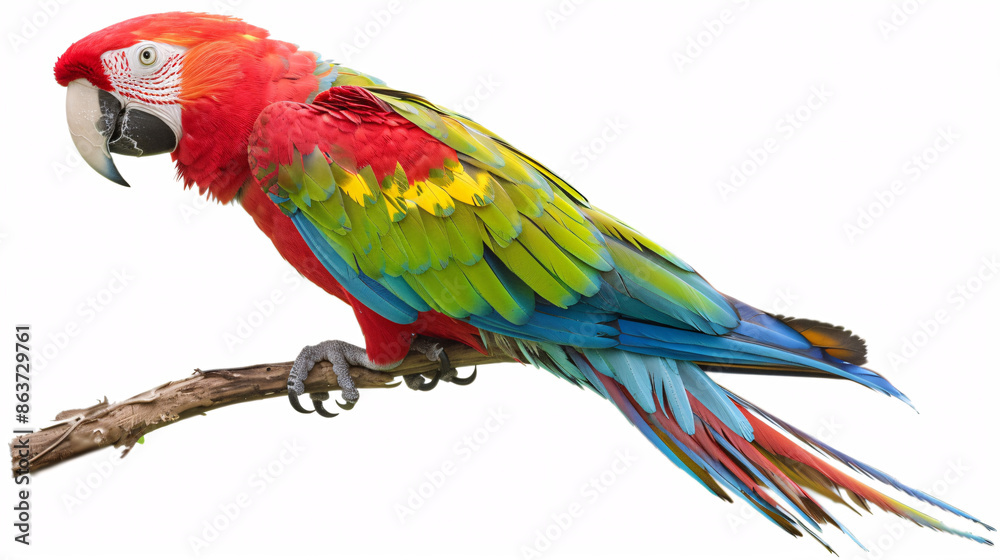 Obraz premium beautiful Scarlet macaw on a branch isolated on white background.