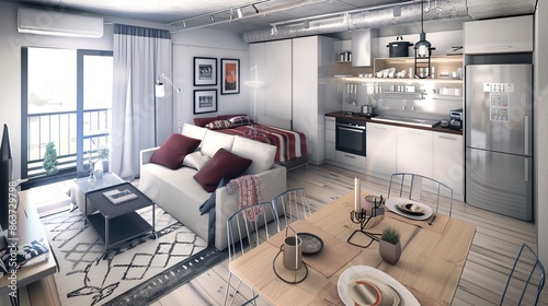 A compact and efficient modern apartment layout with smart storage solutions, an open-plan kitchen and living room, and a small balcony.