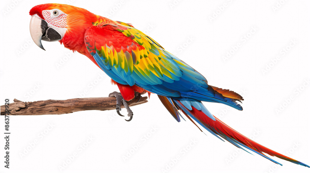 Fototapeta premium beautiful Scarlet macaw on a branch isolated on white background.