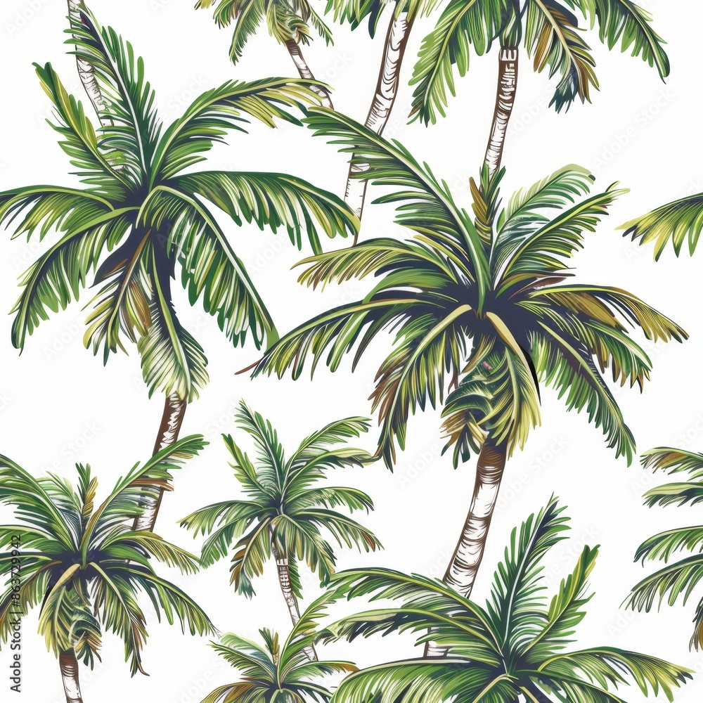 Tropical Palm Tree Seamless Pattern. Vibrant Green Foliage on White Background Tropical Palm Tree Seamless Pattern. Vibrant Green Foliage on White Background