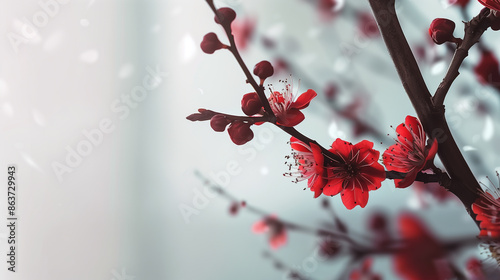 delicate cherry blossoms in full bloom on dark branches with red buds and petals against a soft background
 photo