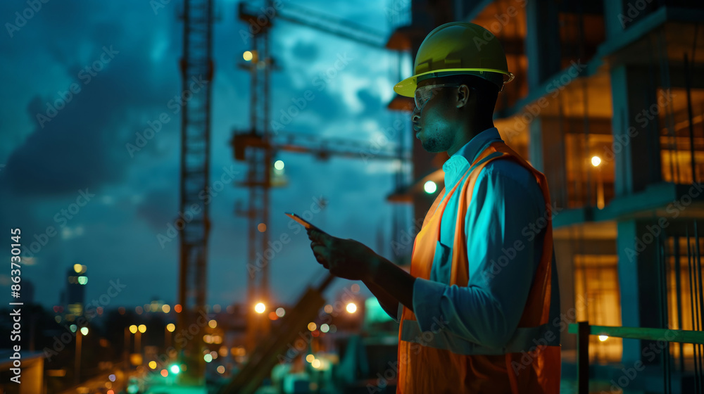 An african engineer wearing helmet and safety vest using his phone on construction site overlooking a large building site with cranes in background. An african engineer wearing helmet and safety vest using his phone on construction site overlooking a large building site with cranes in background.