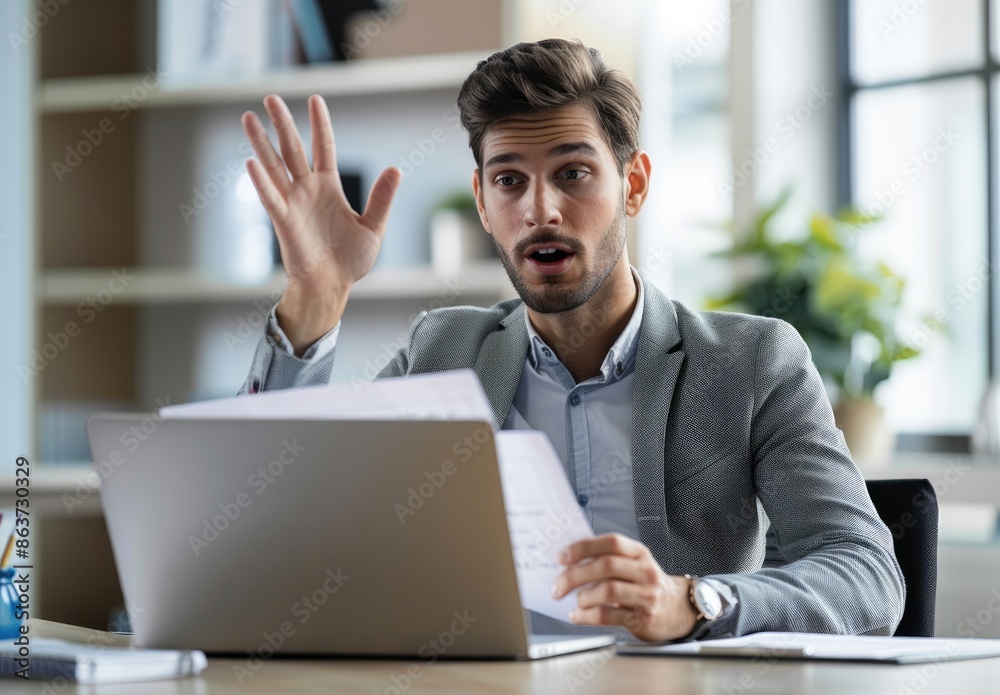 Surprised Businessman on Video Call in Office Surprised Businessman on Video Call in Office
