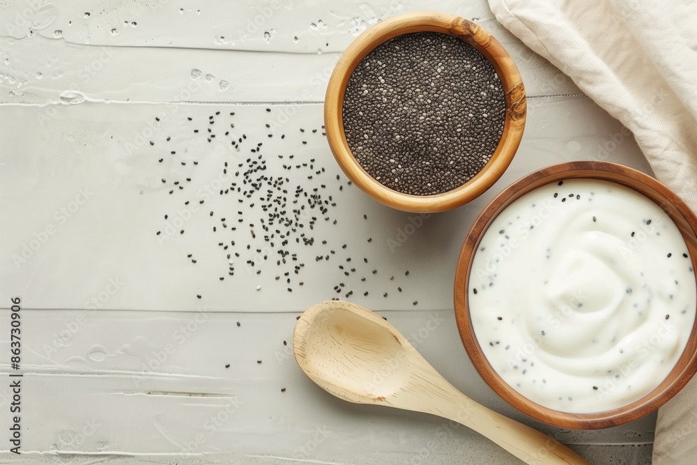 Chia Seeds in Wooden Spoon and Bowl of Yogurt