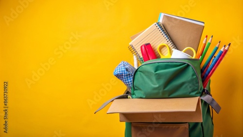 Vibrant school supplies spilling out of a backpack into a donation box on a soft yellow background, conveying a sense of generosity and giving. photo