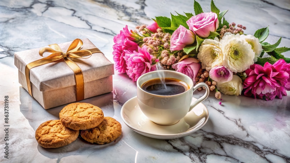 Elegant marble surface adorned with steaming cup, crumbly cookies, vibrant bouquet, and ornate gift, evoking feelings of tranquility and indulgence in a peaceful atmosphere. Elegant marble surface adorned with steaming cup, crumbly cookies, vibrant bouquet, and ornate gift, evoking feelings of tranquility and indulgence in a peaceful atmosphere.