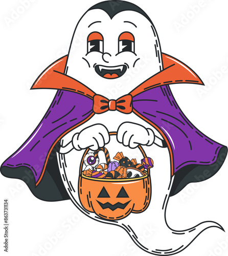 Cartoon groovy Halloween ghost character as Dracula vampire with pumpkin bucket, vector retro comic. Halloween horror night holiday groovy funky boo ghost with trick or treat party spooky candies