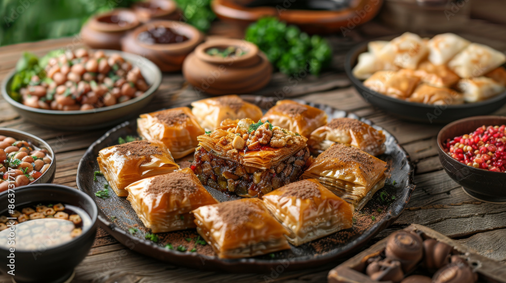 A variety of delicious baklava pieces with nuts displayed on a rustic wooden table, surrounded by bowls of ingredients. A variety of delicious baklava pieces with nuts displayed on a rustic wooden table, surrounded by bowls of ingredients.