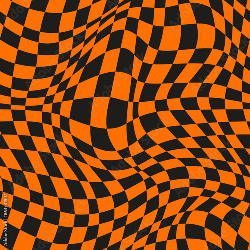 Halloween optical psychedelic curvy wavy seamless pattern background. Vector curvy backdrop, distorted checkerboard, curve retro groovy grid in Y2k hippie style, print in orange and black colors