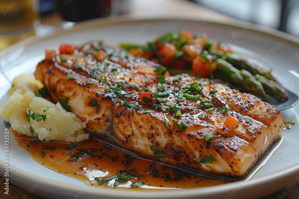 A plate of blackened swordfish, served with a side of garlic mashed potatoes and asparagus. A plate of blackened swordfish, served with a side of garlic mashed potatoes and asparagus.