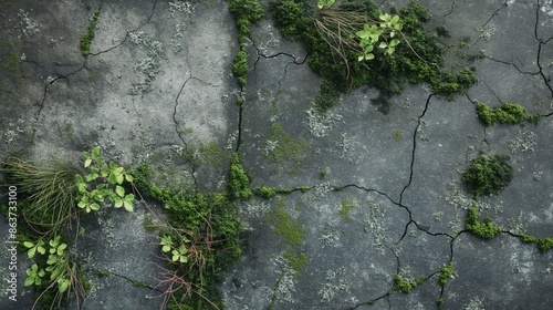A cracked gray surface covered in patches of vibrant green moss and plants photo