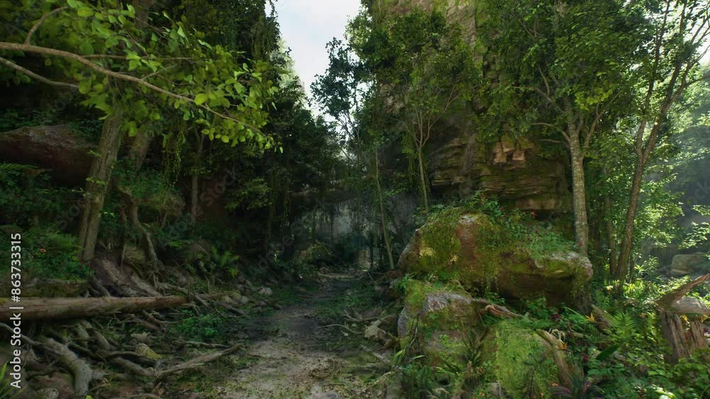 A dirt road winds its way through a forest, flanked by tall trees and scattered rocks under a canopy of green foliage.