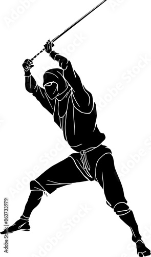 Ninjutsu fighter. Ninja, Japanese wrestler. Japan martial art. Asian warrior in mask, wrestling pose, stance, defending position, posture. vector illustration isolated on white background