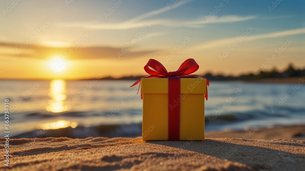 Naklejka premium gift box on yellow background. Daylight saving time end, real estate concept and blurred landscape of river beach Blue sky with sunset 