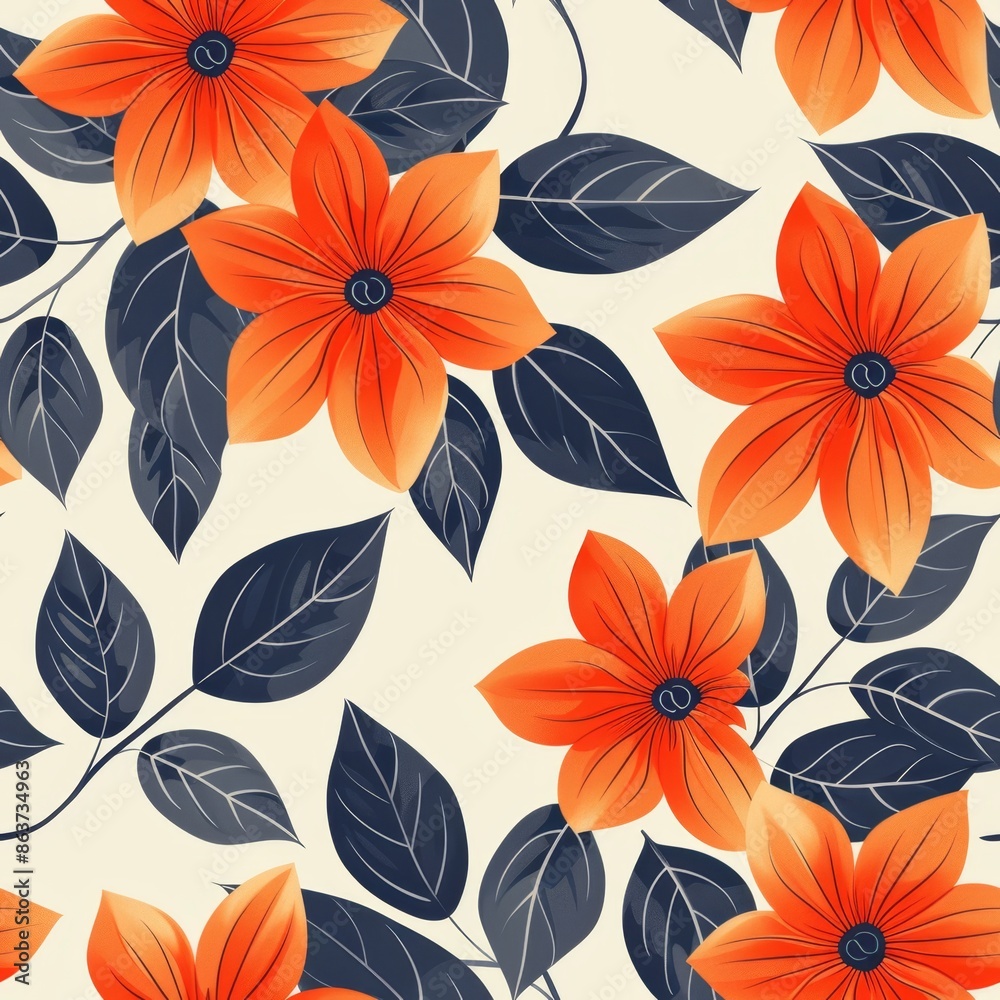 Seamless floral pattern with orange flowers and blue leaves on a beige background. Design for fabric, wallpaper, packaging, or stationery. Seamless floral pattern with orange flowers and blue leaves on a beige background. Design for fabric, wallpaper, packaging, or stationery.