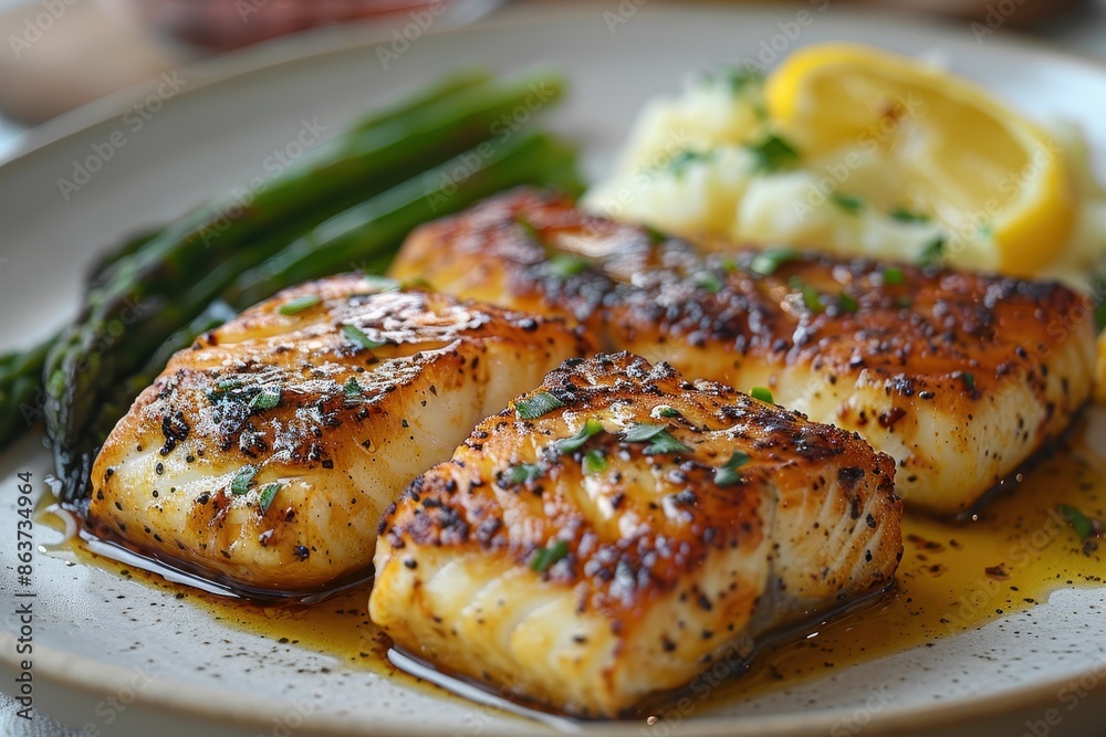 A plate of blackened swordfish, served with a side of garlic mashed potatoes and asparagus. A plate of blackened swordfish, served with a side of garlic mashed potatoes and asparagus.