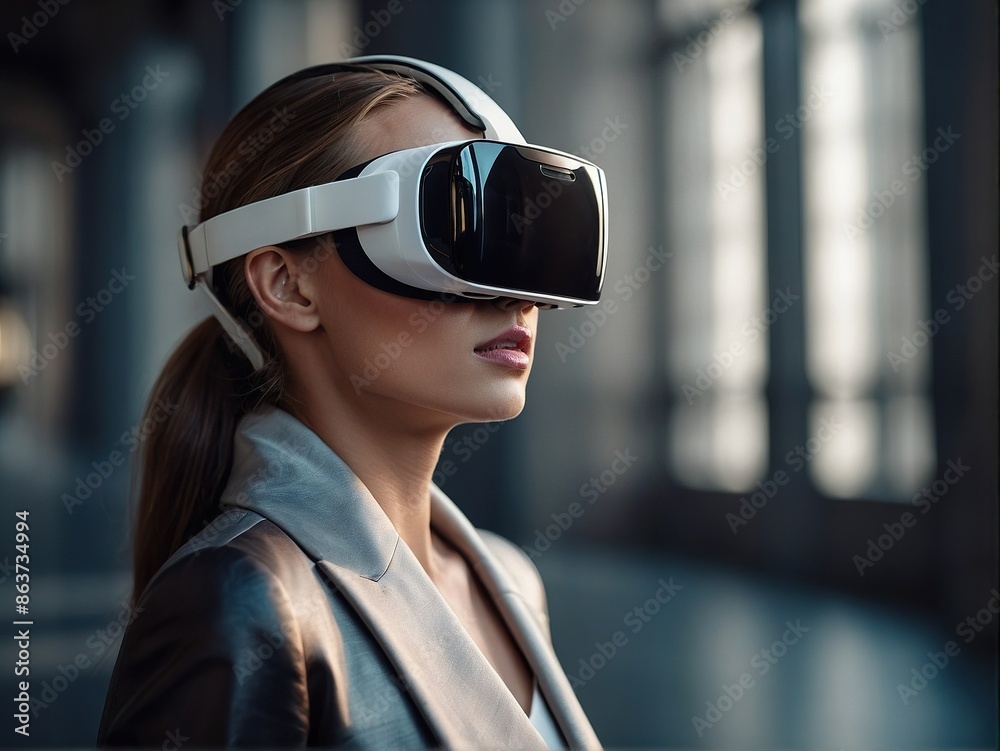 Fashion portrait of a girl in VR glasses. Fashion portrait of a girl in VR glasses.