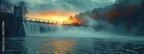 A hydroelectric dam with water rushing through spillways, generating renewable energy.
