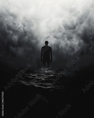 silhouette of man facing turbulent sky with dramatic storm clouds in black and white