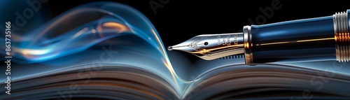 Beautiful fountain pen on open book with glowing blue light effects, detailed illustration of writing and calligraphy in ink