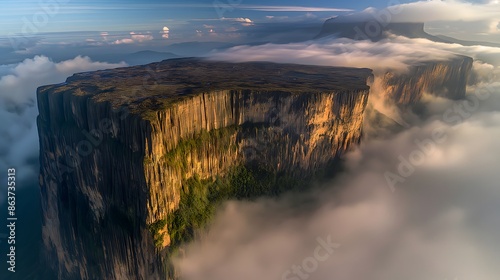 1. Behold the majestic Mount Roraima, Venezuela/Brazil/Guyana, a towering tabletop mountain with sheer cliffs and a flat summit, shrouded in mist and mystery. photo