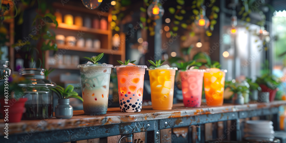 Glasses of iced bubble tea on milk bar stand. Glasses of iced bubble tea on milk bar stand.